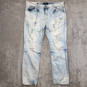 AKOO Mens Distressed Light Wash Denim Jeans Ripped Moto Knee Panels Size 40